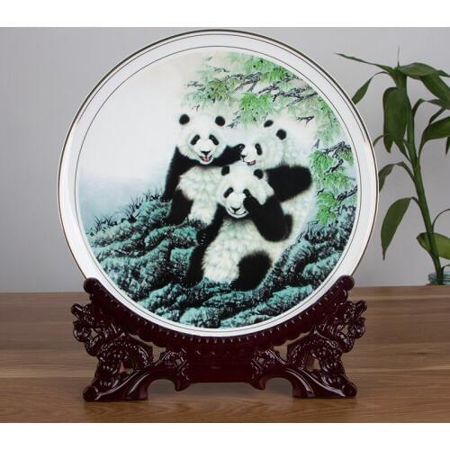 Chinese Bone China Ceramic Decoration Animal Panda Plate Wood Base Porcelain Plate Set