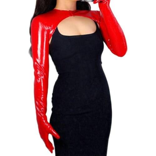 LATEX BOLERO GLOVES Shine Leather Faux Patent Red Top Jacket Cropped Shrug Women Long Leather Gloves WPU227