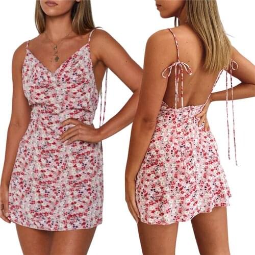 Summer Women Fashion Backless Floral Print Mini Dress Stylish Sleeveless Spaghetti Strap Dress for Ladies Female