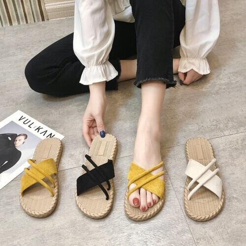 Summer 3 Colors Flax Home Slippers Women Slapping Beach Flip Flops Non-slip Unisex Family Slippers