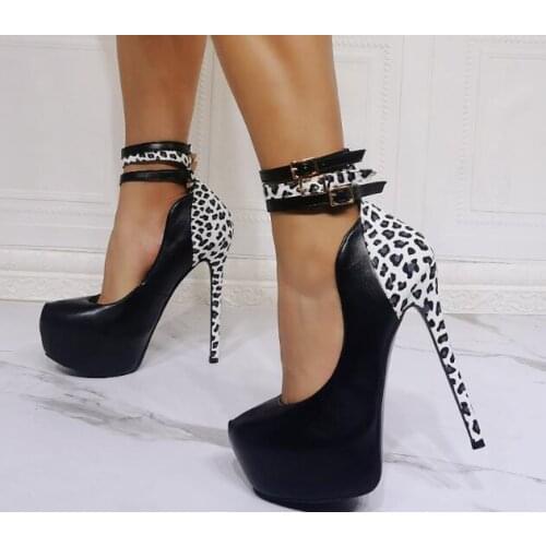Linamong Woman Sexy Black Leopard Back Patchwork Round Toe Platform Pumps Female Super Stiletto Heels Buckles Party Shoes Lady