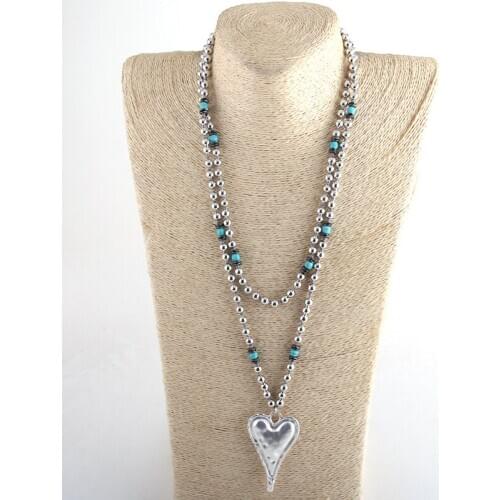 MOODPC Fashion Bohemian Tribal Jewelry 60"Metal Beads / Turq Long Knotted Heart Pendant Necklace For Women Lariat Necklaces