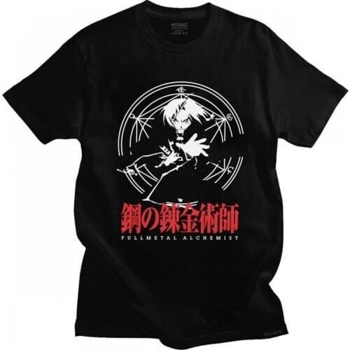 Manga Anime Fullmetal Alchemist Brotherhood T Shirt for Men Pre-shrunk Cotton Harajuku T-shirt Short Sleeved Edward Elric Tee