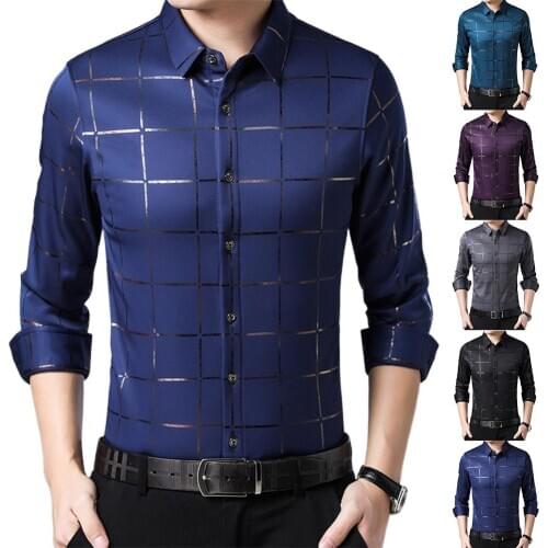 Plus Size Men Casual Long Sleeve Turn Down Collar Checks Buttons Sliming Shirt Long Sleeve Formal Dress Shirts Men Male Clothing
