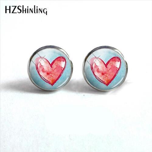 2018 New Heart Love Round Earring Pink Red Heart Earrings Hand Craft Romantic Style Ear Ring Glass Dome Jewelry HZ4
