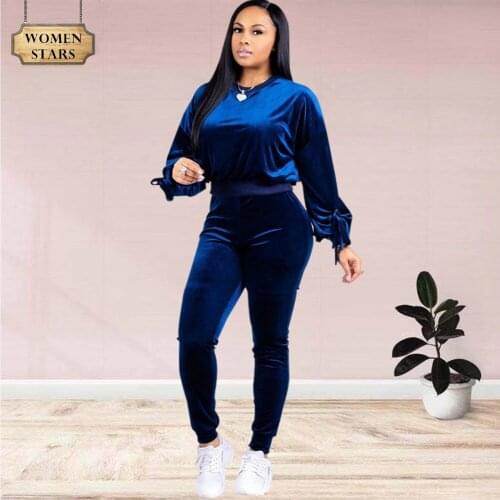 Fall Clothes Two Piece Set Women Fashion Long Sleeve Round Neck Bow Gold Tracksuit Velvet Trousers Suits Wholesale Dropshipping