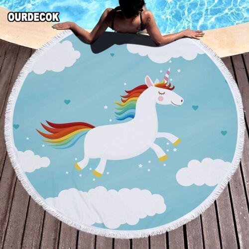 OUR DECOK Pink Cute Unicorn Microfiber Large Round Beach Towel Toalla Microfibra Thick Terry Cloth With Tassels Beach Blanket