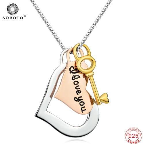 AOBOCO High Quality Multi-layer 925 Sterling Silver Key of Heart Necklace for Women Fashion Female Jewelry Accessories GNX0410