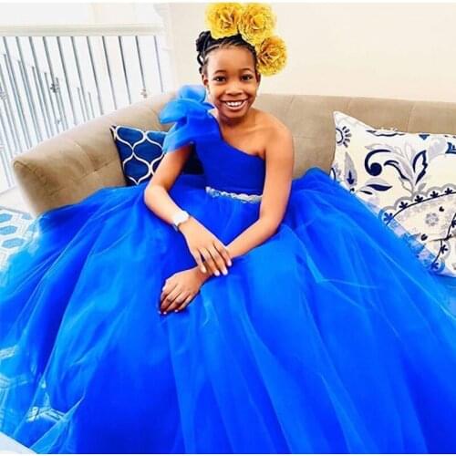 Cute 2021 New Design Roayl Blue One Shoulder Beaded Sash Princess Tulle Girls Ball Gown Flower Girl Dresses