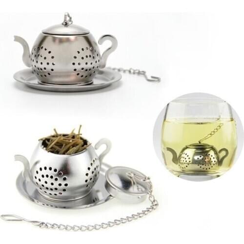 Mewcomdigi Stainless Steel Loose Teapot Shape Tea Leaf Infuser with Tray Lovely Spice Drinking Strainer Herbal Filter