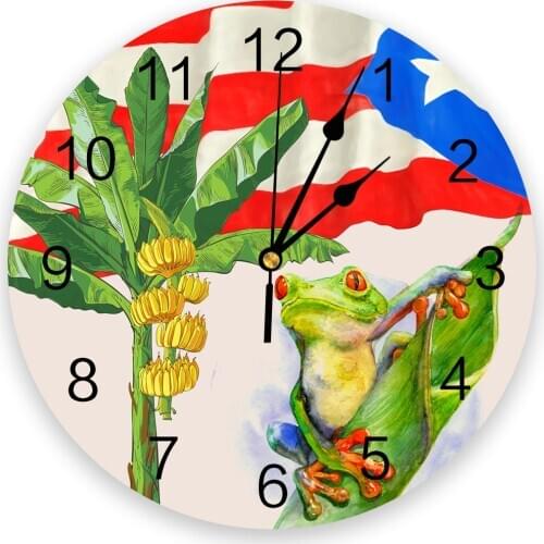 Modern Wall Clock Banana Leaf Puerto Rico Flag Frog PVC Wall Clock Home Decor Bedroom Silent Oclock Watch Wall for Living Room