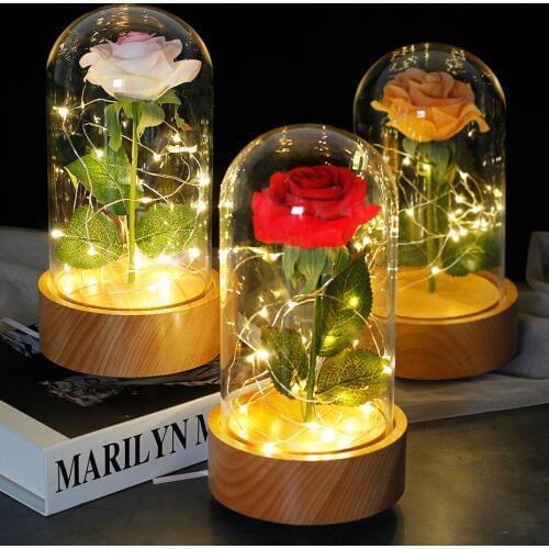 LED Light Automatic Rotating Beech Base Eternal Rose Flower Glass Cover Sky City Music Box Mothers Valentines Day Gift