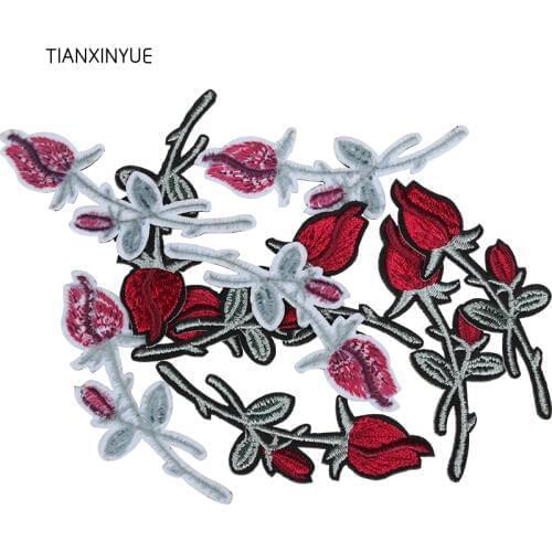 TIANXINYUE 20pcs Red Rosebud Patches Iron On DIY Embroidered Appliques Sew On Clothing fabric Bags flower pacth