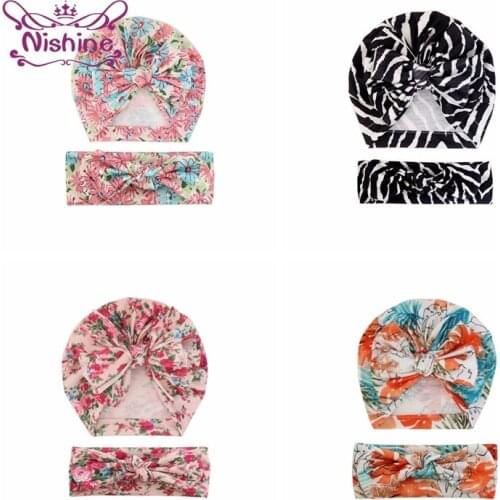 Vintage Flowers Pattern Baby Girls Hat and Headband Set Cute Print Bowknot Infant Caps Fashion Elastic Kids Hairband Photo Props