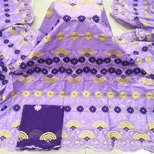 Purple african bazin riche fabric with brode Latest fashion embroidery bazin lace fabric with net lace high quality 7 yards