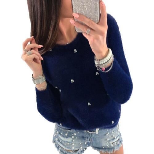 Hot Winter Women Fashion Faux Pearl Beading Solid Color Plush Long Sleeve Pullover Solid Color Warm Polyester Spandex pullover