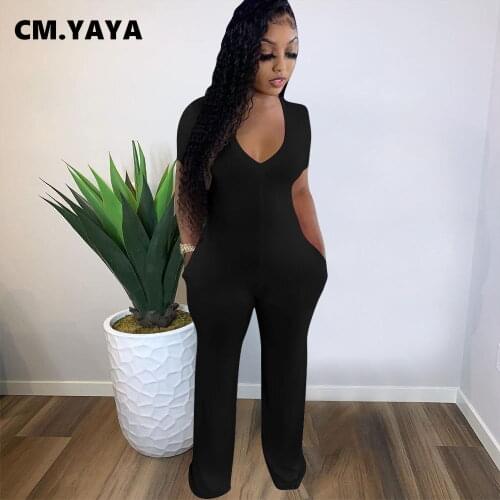 CM.YAYA Women V-neck Straigth Jumpsuit Summer Short Sleeve Active Fashion One Piece Romper Basic Classic Overall Playsuit