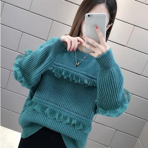 2021 Autumn Winter New Womens Sweater Korean Loose Round Neck Knitted Pullover Tops Fashion Lace Edge Long Sleeve Jumper Women