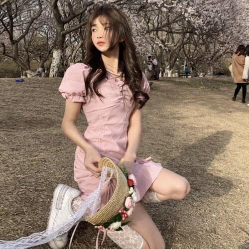 Woman Dress Pink Puffy Sleeve Dress Female Summer New Slim and Thin Temperament Short Skirt Dress