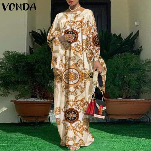 Holiday Long Sleeve Maxi Dress 2021 VONDA Women Vintage Printed Elegant Party Dress Femme Casual Loose Vestidos Party Robe Femme