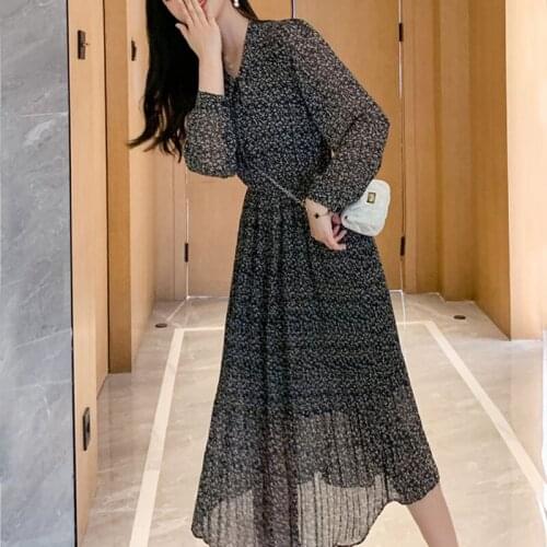Spring Dersses Women Bow Floral Dress Mid-calf Long Sleeved Chiffon Dresses Elastic Waist Vestidos Elegant Dresses Black 7152 50