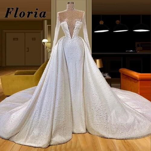 Vestido De Noiva 2020 Full Pearls Mermaid Wedding Dresses Long Dubai Arabic Bridal Gowns For Women Turkish Custom Bride Dress