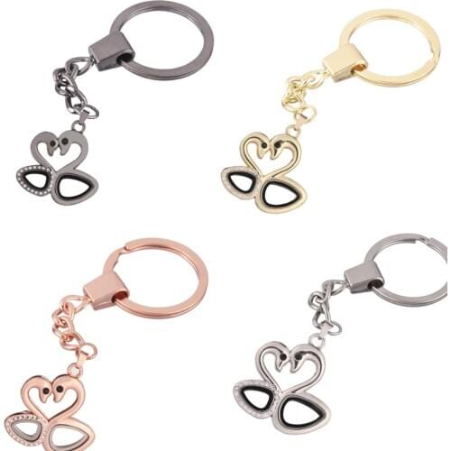 1pcs Two swan with crystal Floating charms Alloy Plain Locket Keychain DIY Magnetic twist living memory Glass locket Key ring