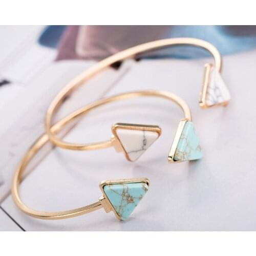 2017 Summer Bohemian Lady alloy Bracelet Diameter 6.5cm White Turquoise Geometric Triangle Natural Stone Open Bracelet