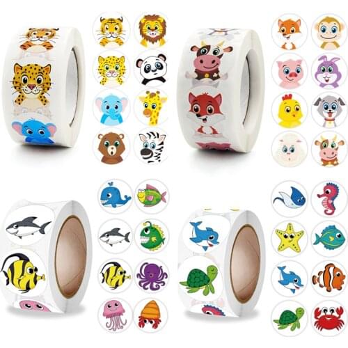 500/1000pcs Reward Stickers Children Kids Cartoon Zoo Farm Ocean Animals Learnging Euducation Scrapbook Sticker Roll Labels Gift