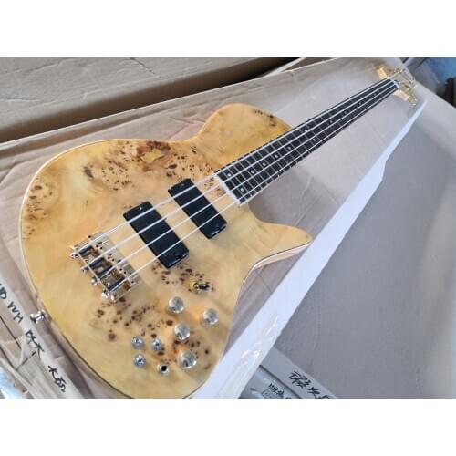 Free shipping 4 string bass guitar,ASH wood body,burl maple veneer,independent bridge, rosewood frets,pearl inlay,chrome button