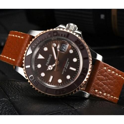 PARNIS 40mm coffee dial 21 jewels Automatic Self-Wind mechanical movement mens watch sapphire glass Mechanical watches GR1-2