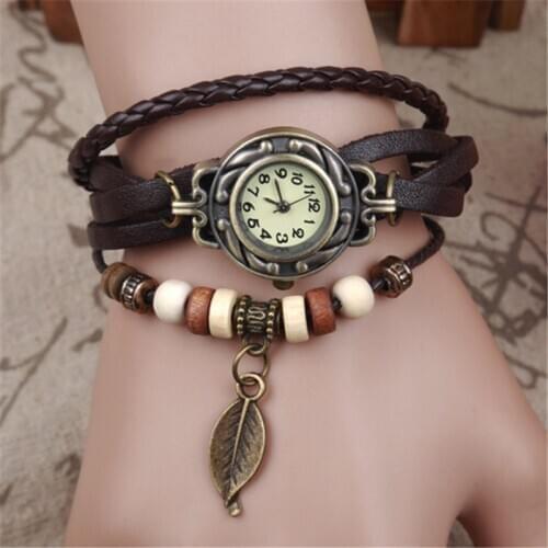 Fashion Womens Watch Women Children Retro Leather Winding Bracelet Leaf Pendant Watch Vintage Bracelet Relogio Feminino