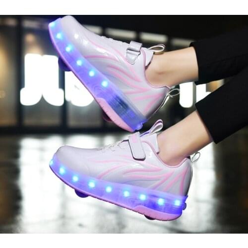 2021 Size 28-40 Children USB Rechargeable Glowing Shoes LED Two Wheel Luminous Roller Skates Kids Boys Girls Light Up Sneakers