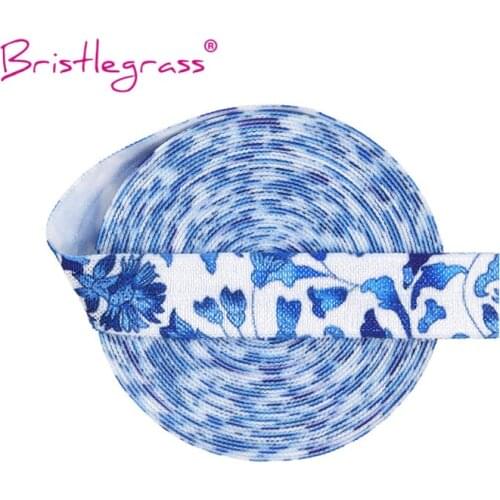 BRISTLEGRASS 2 5 Yard 5/8" 15mm Blue Flower Print FOE Fold Over Elastics Spandex Satin Bands Hair Tie Headband Dress Sewing Trim