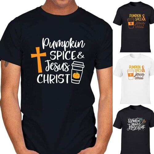 Pumpkin Spice Jesus Christ Mens Halloween T-shirt Christian Cross Harajuku Graphic Short Sleeve Round Neck T Shirts Streetwear
