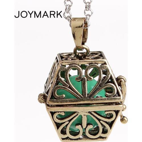 JOYMARK 12pcs/lot Vintage Flower Pattern Square Hollow Copper Chime Magic Box Cage Musical Sound Ball Pregnancy Necklaces HCPN34