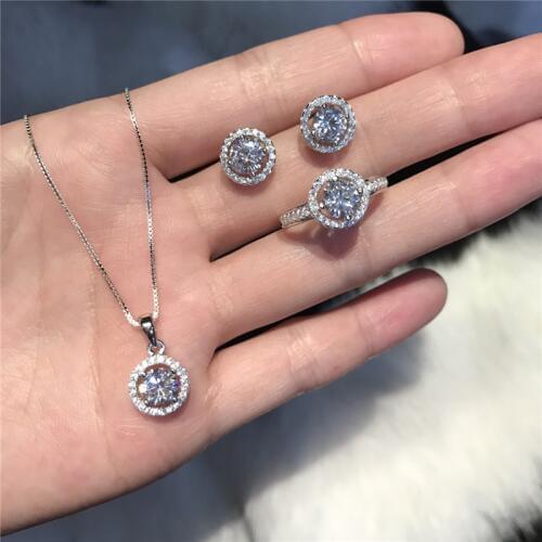 Trendy Diamond Jewelry set Real 925 Sterling Silver Party Wedding Rings Earrings Necklace For Women Bridal moissanite Jewelry