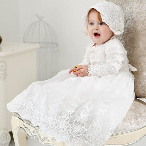 White Long Christening Gown for Baby Girls Lace Long Sleeve Baptism Dress with Bonnet Kids Birthday Party ball gowns
