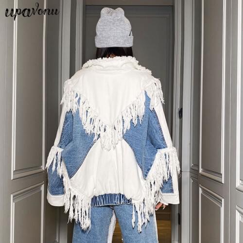 2020 Autumn Fashion Womens Denim Jacket Loose Bat Sleeve Lapel Collar Contrast Tassel Denim Jacket Womens Punk Denim Jacket