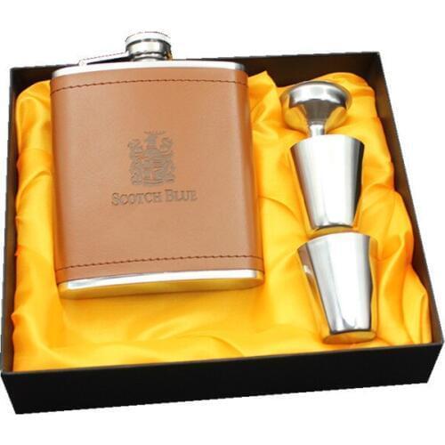 2018 Hot sales 7oz pu leather Wrapping whisky flagon cccp Stainless steel alcohol hip flask SET with BLACK gift box
