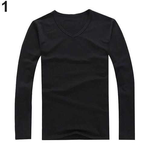 Mens Fashion Simple Slim Cotton V-neck Long Sleeve Casual T-shirt Concise Top Basic Black White T-shirt Spring Autumn