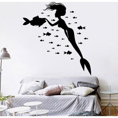 Marine fish Wall Stickers Mermaid Wall Decal Water Nymph Interior Housewares Vinyl Home girls Bedroom Decor Design Mural C204