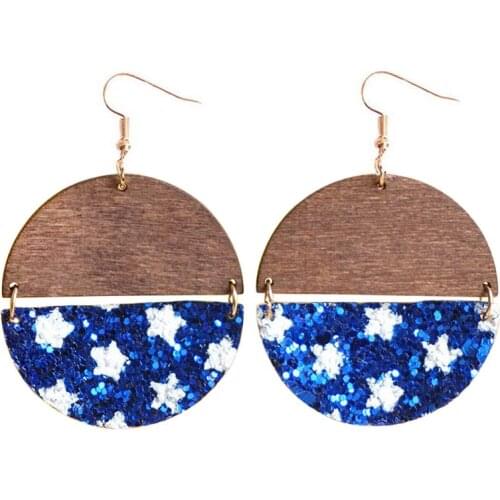 Semicircle Wooden Joint Blue Glitter Leather Earrings for Women Wood Teardrop Star Print Flag Motif Independence Day Earrings