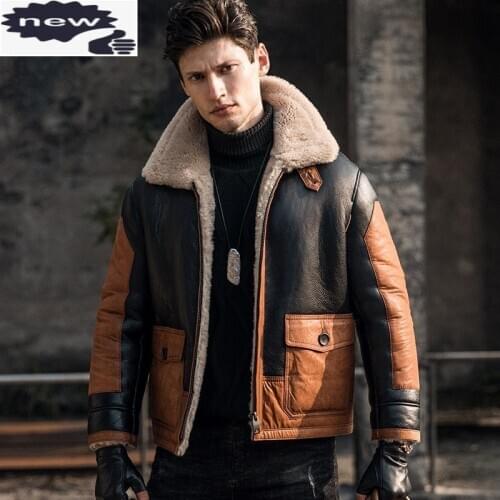 Luxury Men Biker Coat Short Military Shearling Leather Jacket Winter Warm Splice Vintage Real Fur Outerwear Oversize 6XL