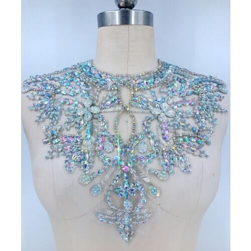 Handmade Hot drilling Rhinestone pearl lace embroidery patch collar applique wedding dress DIY Performance clothing