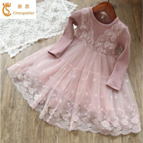 2018 Chiffon Winter Kids Girls Clothes Girl Dress Christmas Wedding Party Dresses Knitted Long Sleeves Lace Cute Princess Dress