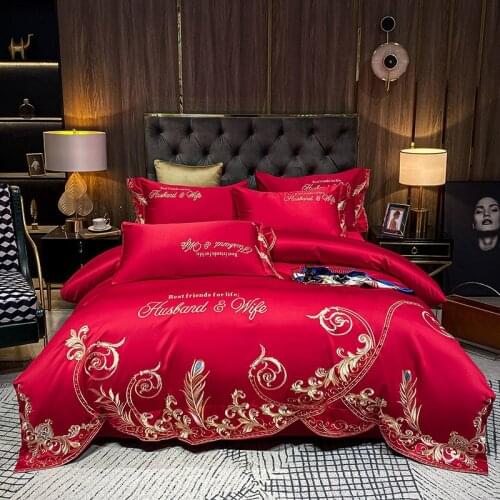 Chic Gold Embroidery Quality Satin Silk Cotton Red Wedding Bedding Set Queen King Size Comforter Cover Bed Sheet Pillowcases