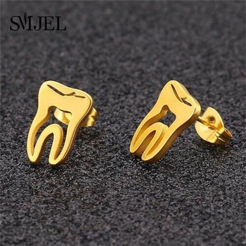 SMJEL New Fashion Stainless Steel Tooth Stud Earrings for Women Men Gold Sliver Statement Earrings 2019