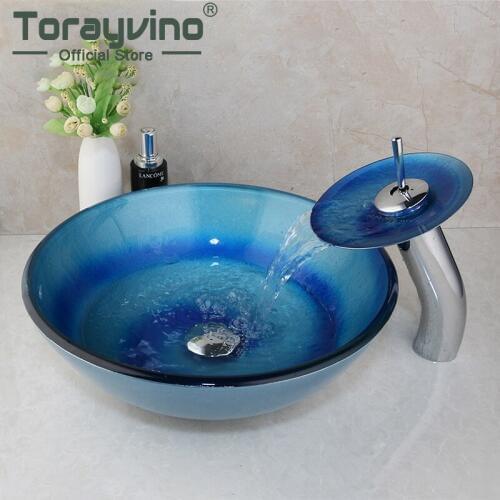 Glass Bowl Bathroom Sinks Blue Hand-Painted Washbasin Lavello Bagno Lavatory Combine Brass Waterfall Faucet Mixers Taps Set