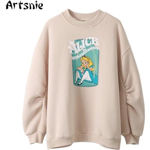 Artsnie Disney Cartoon Print Sweatshirt Women Winter 2020 O Neck Drop Shoulder Hoodies Streetwear Warm Oversized Sweatshirts